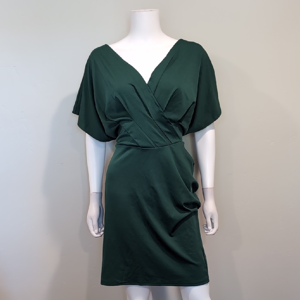 SHEIN Green Pleated V Neck Short Sleeve Ruched Side Tie Waist Dress Size 1XL